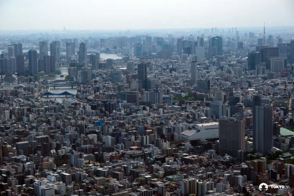 Weitwinkel-Luftaufnahme von Tokyo - Blick über das endlose Häusermeer der japanischen Hauptstadt mit modernen Hochhäusern und traditioneller Wohnbebauung.