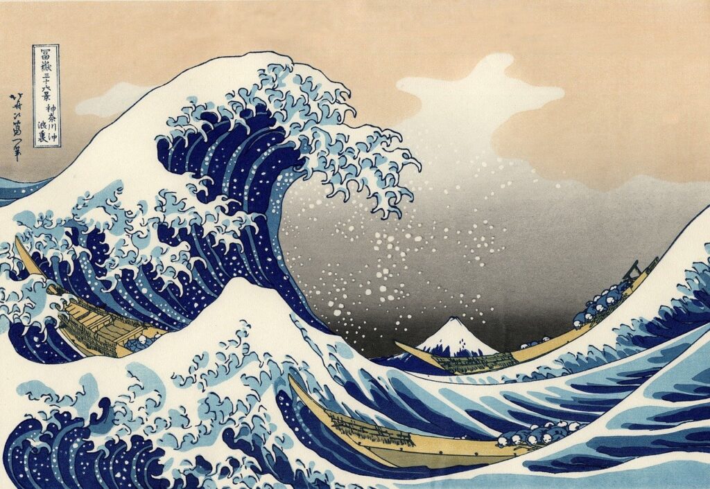 Hokusais berühmte "Große Welle vor Kanagawa" aus den "36 Ansichten des Mount Fuji", das weltweit bekannteste Werk des Künstlers, der sein Leben in Ryogoku verbrachte