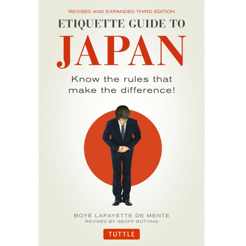 Etiquette Guide to Japan" mit elegantem Cover, das einen sich verbeugenden japanischen Geschäftsmann vor rotem Kreis (japanische Flagge) zeigt