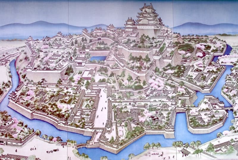 Historische Karte der Himeji-Burganlage mit detaillierter Darstellung aller Gebäude