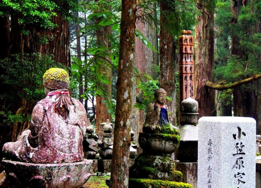 Wald mit japanischen Buddha-Staturen