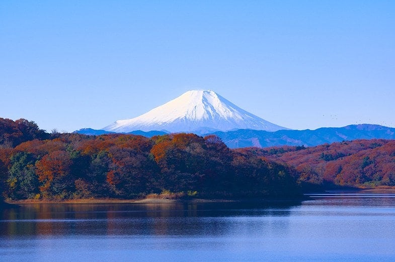Mount Fuji spiegelt sich in einem stillen See, umrahmt von herbstlich gefärbten Bäumen unter klarem Himmel