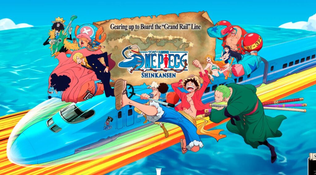 One Piece Shinkansen-Hochgeschwindigkeitszug mit buntem Anime-Design und Charakteren aus der beliebten Manga-Serie