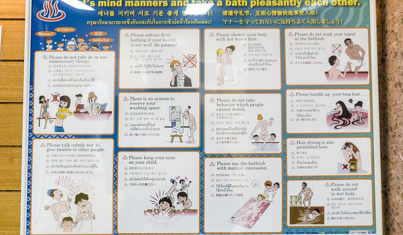 Mehrsprachige Onsen-Verhaltensregeln und Etikette-Anweisungen für internationale Besucher in japanischen heißen Quellen mit Illustrationen