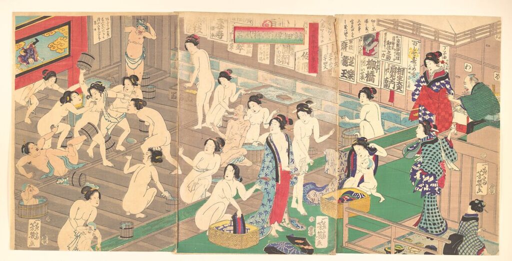 Edo-zeitliches Ukiyo-e Kunstwerk eines japanischen Badehauses mit badenden Frauen, traditioneller Architektur und kulturhistorischer Bedeutung