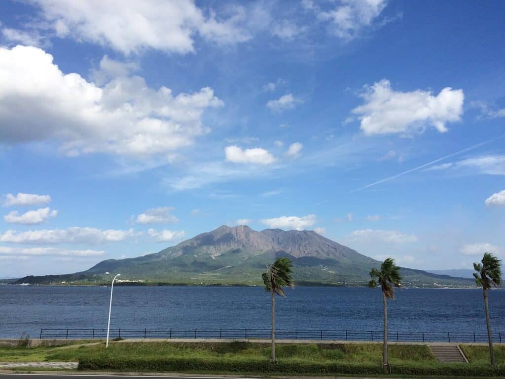 Blick auf den aktiven Vulkan Sakurajima von Fukuoka aus gesehen mit Palmen im Vordergrund und blauem Meer