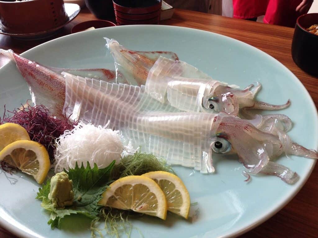 Transparente Tintenfisch-Sashimi mit Tentakeln auf türkisem Teller, garniert mit Zitronenscheiben und Wasabi