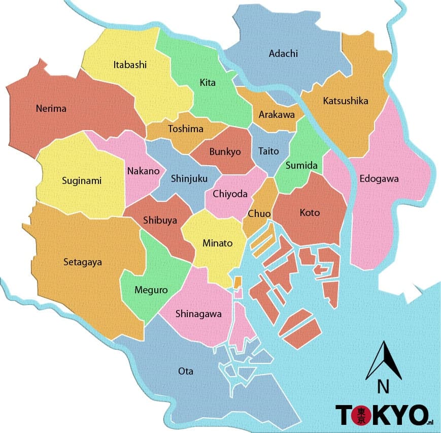 Übersichtskarte der 23 Tokioter Bezirke in verschiedenen Farben mit Beschriftung, zeigt die administrative Aufteilung der Hauptstadt Japans
