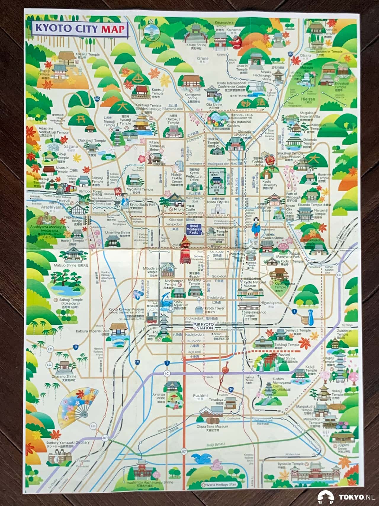 Detaillierte Kyoto City Map mit allen wichtigen Tempeln, Sehenswürdigkeiten und Verkehrsverbindungen für Stadtplanung und Tourismus