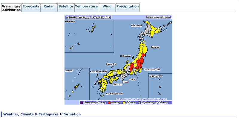 Katastrophenkarte von Japan als digitaler Screenshot in Bunt