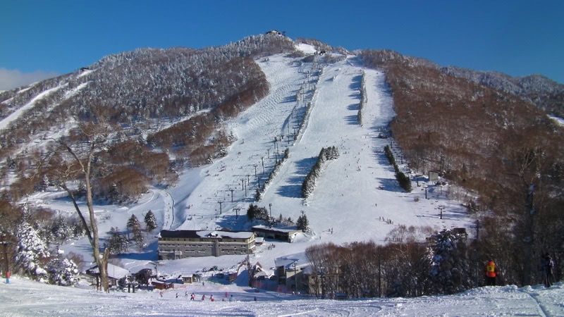 Verschneites japanisches Skigebiet mit Skipisten und Liftanlagen in den Bergen